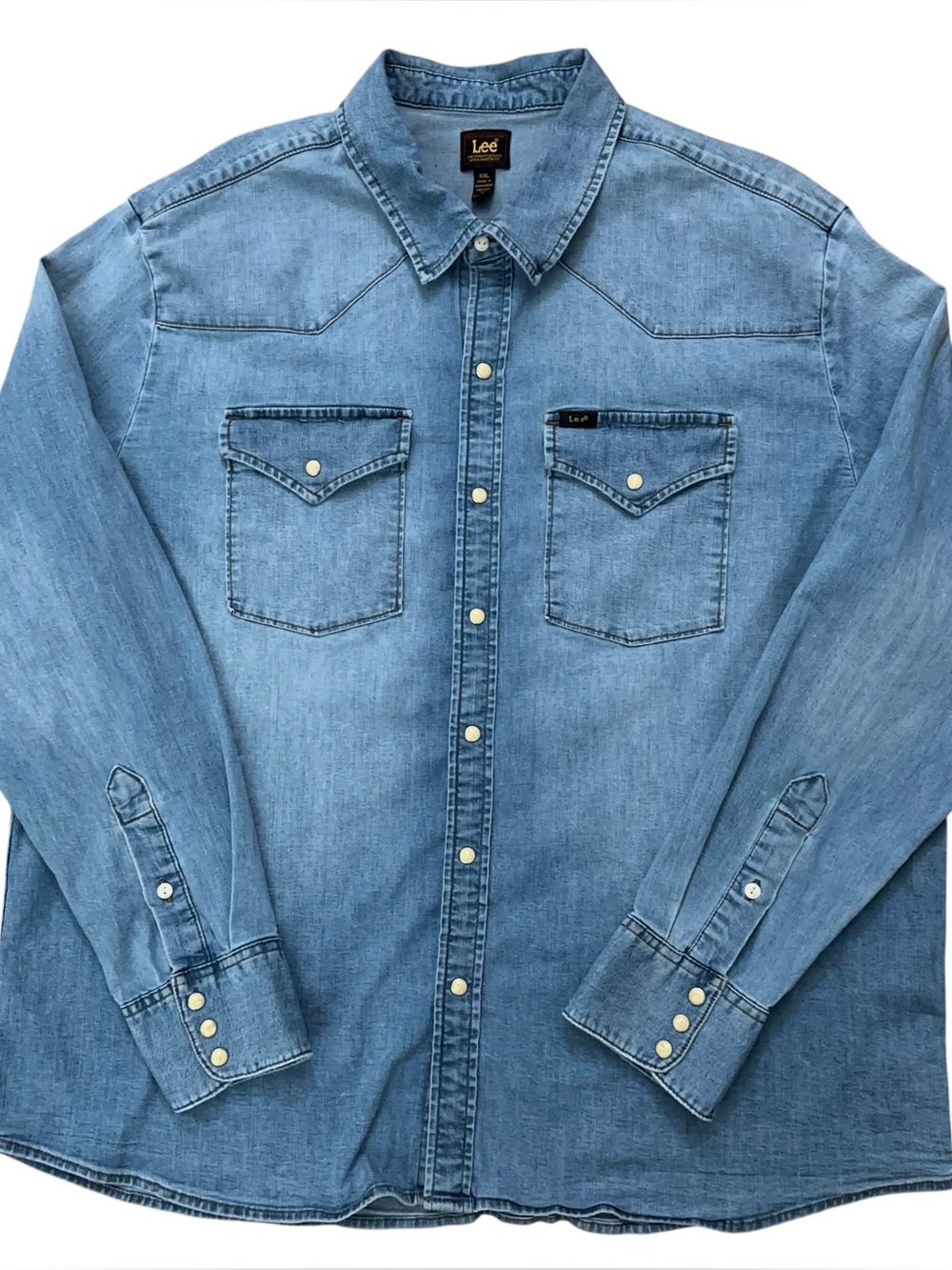 Lee Shirt Mens Size 2XL Long Sleeve Denim Western Pearl Snap Button Blue